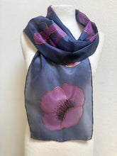 Load image into Gallery viewer, Poppies Design Hand Painted Silk Small Neck Scarf in Dark Navy and Blavk Cherry by Designer Silk Artist

