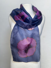 Load image into Gallery viewer, Poppies Design Hand Painted Silk Small Neck Scarf in Dark Navy and Blavk Cherry by Designer Silk Artist

