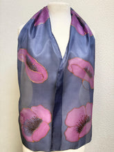 Load image into Gallery viewer, Poppies Design Hand Painted Silk Small Neck Scarf in Dark Navy and Blavk Cherry by Designer Silk Artist

