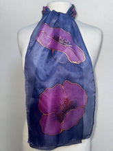 Load image into Gallery viewer, Poppies Design Hand Painted Silk Small Neck Scarf in Dark Navy and Blavk Cherry by Designer Silk Artist
