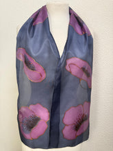 Load image into Gallery viewer, Poppies Design Hand Painted Silk Small Neck Scarf in Dark Navy and Blavk Cherry by Designer Silk Artist
