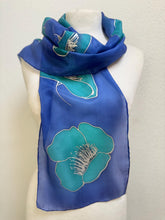 Load image into Gallery viewer, Poppies Design Hand Painted Silk Small Neck Scarf in Turquoise Ultramarine by Designer Silk Artist
