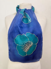 Load image into Gallery viewer, Poppies Design Hand Painted Silk Small Neck Scarf in Turquoise Ultramarine by Designer Silk Artist
