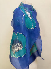Load image into Gallery viewer, Poppies Design Hand Painted Silk Small Neck Scarf in Turquoise Ultramarine by Designer Silk Artist
