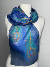 Load image into Gallery viewer, Peacock Feathers Design Hand Painted Silk Neck Scarf in Jade Turquoise Blue Gold
