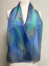 Load image into Gallery viewer, Peacock Feathers Design Hand Painted Silk Neck Scarf in Jade Turquoise Blue Gold
