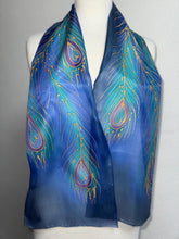 Load image into Gallery viewer, Peacock Feathers Design Hand Painted Silk Neck Scarf in Jade Turquoise Blue Gold
