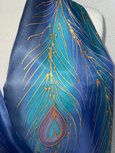 Load image into Gallery viewer, Peacock Feathers Design Hand Painted Silk Neck Scarf in Jade Turquoise Blue Gold
