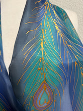 Load image into Gallery viewer, Peacock Feathers Design Hand Painted Silk Neck Scarf in Jade Turquoise Blue Gold

