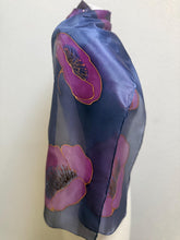 Load image into Gallery viewer, Poppies Design Hand Painted Silk Small Neck Scarf in Dark Navy and Blavk Cherry by Designer Silk Artist
