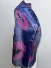 Load image into Gallery viewer, Poppies Design Hand Painted Silk Small Neck Scarf in Dark Navy and Blavk Cherry by Designer Silk Artist
