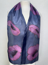 Load image into Gallery viewer, Poppies Design Hand Painted Silk Small Neck Scarf in Dark Navy and Blavk Cherry by Designer Silk Artist
