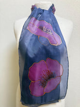 Load image into Gallery viewer, Poppies Design Hand Painted Silk Small Neck Scarf in Dark Navy and Blavk Cherry by Designer Silk Artist
