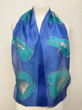 Load image into Gallery viewer, Poppies Design Hand Painted Silk Small Neck Scarf in Turquoise Ultramarine by Designer Silk Artist
