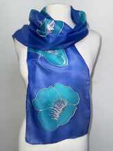 Load image into Gallery viewer, Poppies Design Hand Painted Silk Small Neck Scarf in Turquoise Ultramarine by Designer Silk Artist

