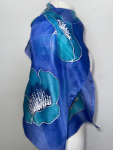 Load image into Gallery viewer, Poppies Design Hand Painted Silk Small Neck Scarf in Turquoise Ultramarine by Designer Silk Artist
