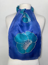 Load image into Gallery viewer, Poppies Design Hand Painted Silk Small Neck Scarf in Turquoise Ultramarine by Designer Silk Artist
