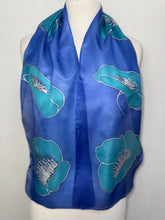 Load image into Gallery viewer, Poppies Design Hand Painted Silk Small Neck Scarf in Turquoise Ultramarine by Designer Silk Artist
