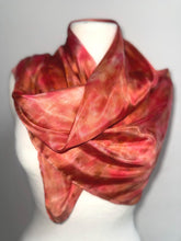 Load image into Gallery viewer, Hand Dyed Square Silk Scarf in Shades of Red Pink Coral Tan by Designer Silk Artist
