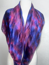 Load image into Gallery viewer, Hand Dyed Square Silk Scarf in Shades of Blue Burgundy Purple by Designer Silk Artist
