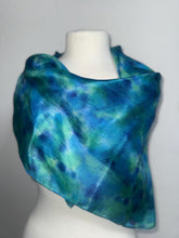 Load image into Gallery viewer, Hand Dyed Square Silk Scarf in Shades of Teal Blue Navy Apple Green by Designer Silk Artist
