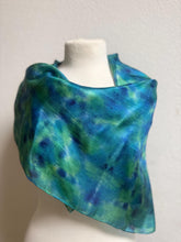 Load image into Gallery viewer, Hand Dyed Square Silk Scarf in Shades of Teal Blue Navy Apple Green by Designer Silk Artist
