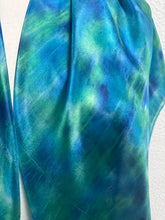 Load image into Gallery viewer, Hand Dyed Square Silk Scarf in Shades of Teal Blue Navy Apple Green by Designer Silk Artist
