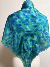 Load image into Gallery viewer, Hand Dyed Square Silk Scarf in Shades of Teal Blue Navy Apple Green by Designer Silk Artist
