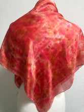 Load image into Gallery viewer, Hand Dyed Square Silk Scarf in Shades of Red Pink Coral Tan by Designer Silk Artist
