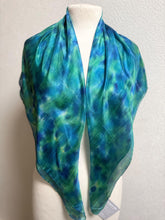 Load image into Gallery viewer, Hand Dyed Square Silk Scarf in Shades of Teal Blue Navy Apple Green by Designer Silk Artist
