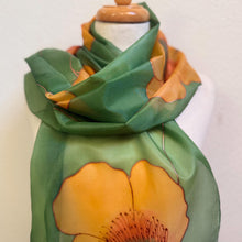 Load image into Gallery viewer, Poppies Design Long Scarf : Hand Painted Silk in melon yellow olive green copper by Designer Silk Artist

