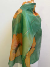 Load image into Gallery viewer, Poppies Design Long Scarf : Hand Painted Silk in melon yellow olive green copper by Designer Silk Artist
