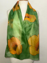 Load image into Gallery viewer, Poppies Design Long Scarf : Hand Painted Silk in melon yellow olive green copper by Designer Silk Artist
