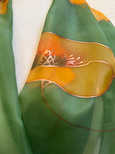 Load image into Gallery viewer, Poppies Design Long Scarf : Hand Painted Silk in melon yellow olive green copper by Designer Silk Artist

