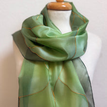 Load image into Gallery viewer, Flames Design Long Scarf in Shades of Olive Green : Hand Painted Silk by Designer Silk Artist
