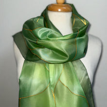 Load image into Gallery viewer, Flames Design Long Scarf in Shades of Olive Green : Hand Painted Silk by Designer Silk Artist
