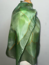 Load image into Gallery viewer, Flames Design Long Scarf in Shades of Olive Green : Hand Painted Silk by Designer Silk Artist
