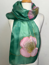Load image into Gallery viewer, Poppies Design Long Scarf : Hand Painted Silk in Pink Light Emerald by Designer Silk Artist
