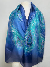 Load image into Gallery viewer, Peacock Feathers Design Long Scarf : Hand Painted Silk in turquoise cobalt navy silver by Designer Silk Artist
