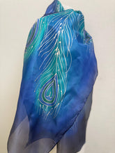 Load image into Gallery viewer, Peacock Feathers Design Long Scarf : Hand Painted Silk in turquoise cobalt navy silver by Designer Silk Artist
