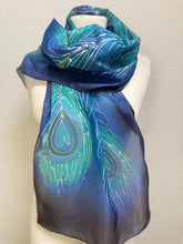 Load image into Gallery viewer, Peacock Feathers Design Long Scarf : Hand Painted Silk in turquoise cobalt navy silver by Designer Silk Artist

