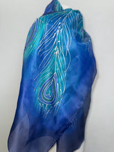 Load image into Gallery viewer, Peacock Feathers Design Long Scarf : Hand Painted Silk in turquoise cobalt navy silver by Designer Silk Artist
