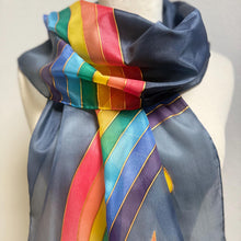 Load image into Gallery viewer, Rainbow Design Silk Long Scarf in Shades of Blues : Hand Painted by Designer Silk Artist
