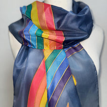 Load image into Gallery viewer, Rainbow Design Silk Long Scarf in Shades of Blues : Hand Painted by Designer Silk Artist

