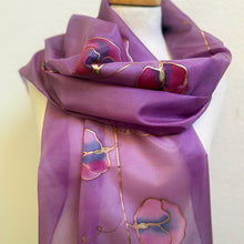 Load image into Gallery viewer, Sweet Peas Design X Long Silk Scarf : Hand Painted Silk in Clover Pink Red Navy
