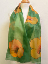 Load image into Gallery viewer, Poppies Design Long Scarf : Hand Painted Silk in melon yellow olive green copper by Designer Silk Artist
