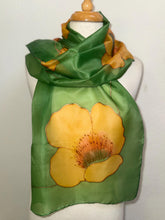 Load image into Gallery viewer, Poppies Design Long Scarf : Hand Painted Silk in melon yellow olive green copper by Designer Silk Artist
