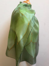 Load image into Gallery viewer, Flames Design Long Scarf in Shades of Olive Green : Hand Painted Silk by Designer Silk Artist
