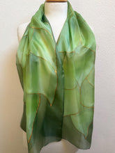 Load image into Gallery viewer, Flames Design Long Scarf in Shades of Olive Green : Hand Painted Silk by Designer Silk Artist

