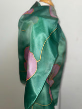 Load image into Gallery viewer, Poppies Design Long Scarf : Hand Painted Silk in Pink Light Emerald by Designer Silk Artist
